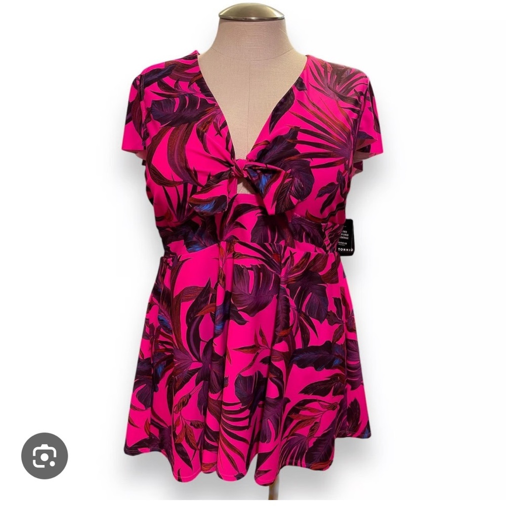 Torrid Hot Pink and Black Leaf Swim Dress